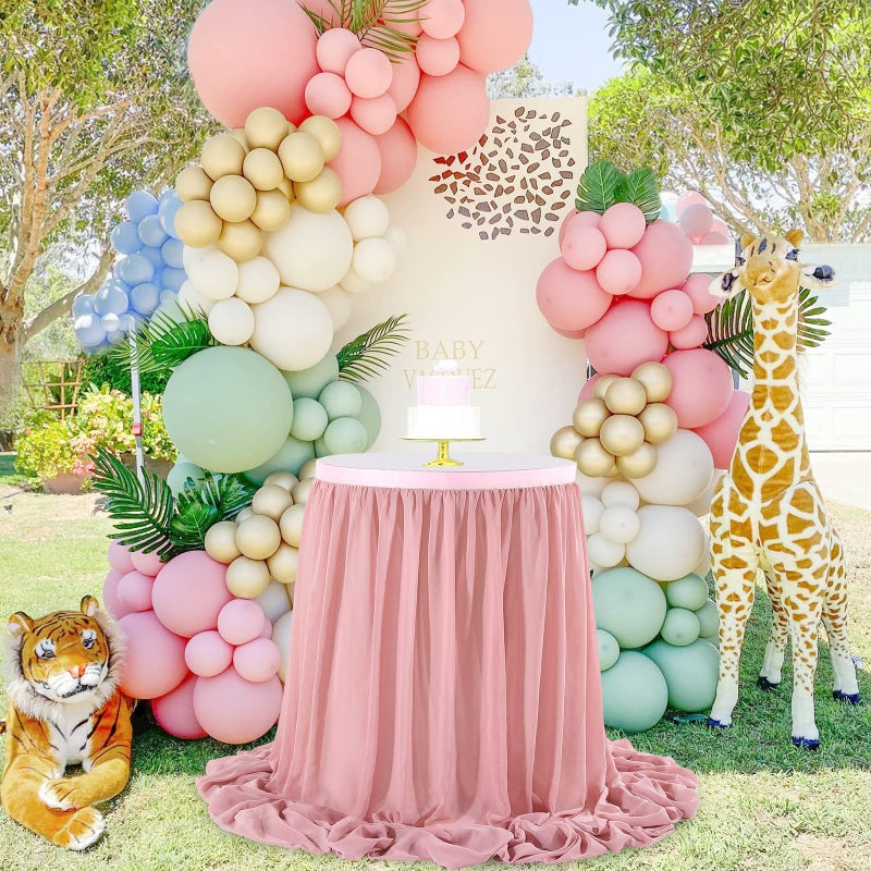 QueenDream Chiffon Table Skirt Dusty Rose 9ft Sheer Tablecloth for Wedding Sweetheart Table Party Table Decoration Rectangle Tables or Round Tables - Image 2